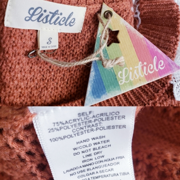 Listicle Rust Orange & White Lace Sleeve Knit Sweater - Picture 7 of 8